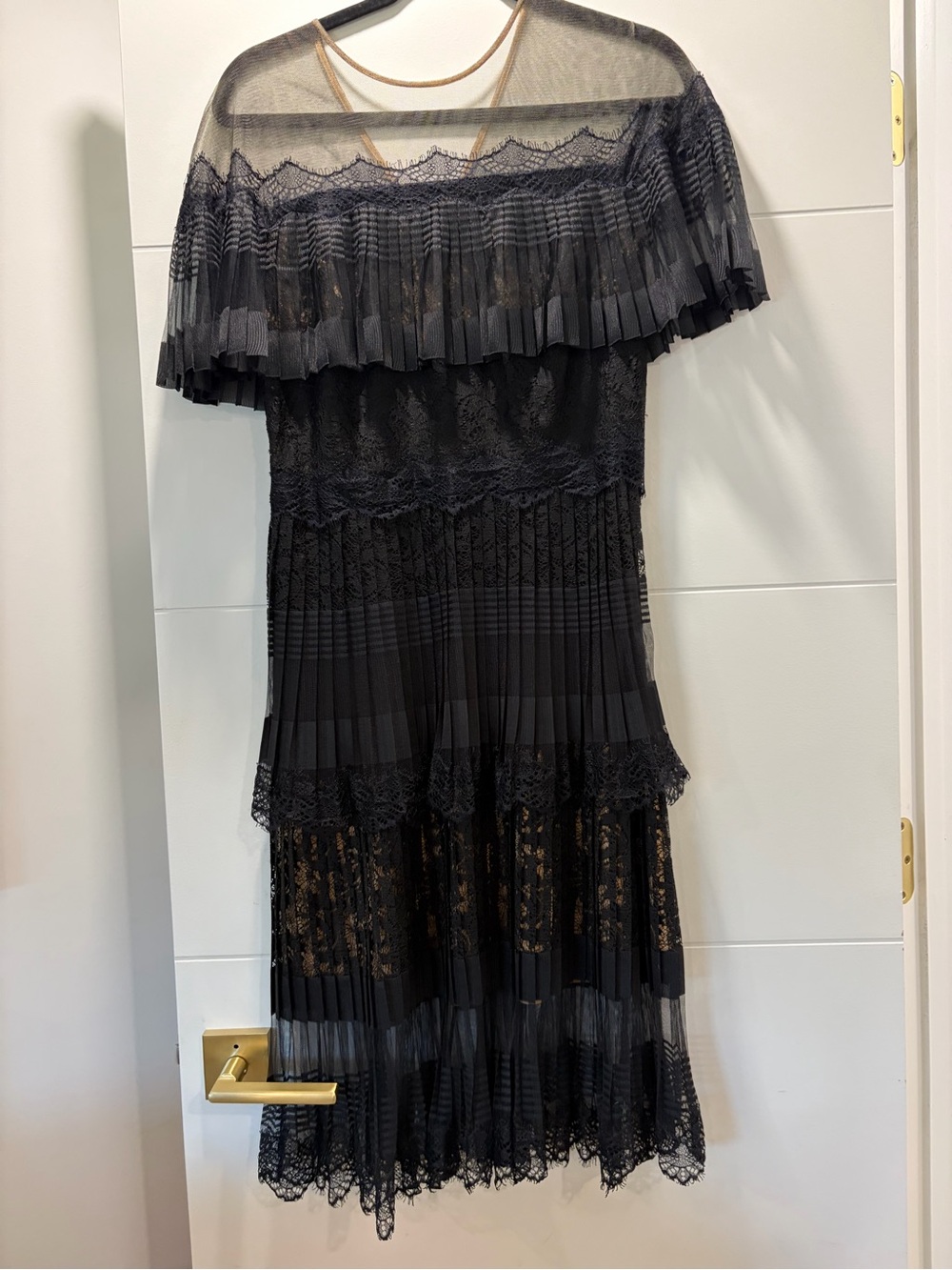 Tadashi Shoji Black Lace Pleated Midi Dress with Sheer Capelet